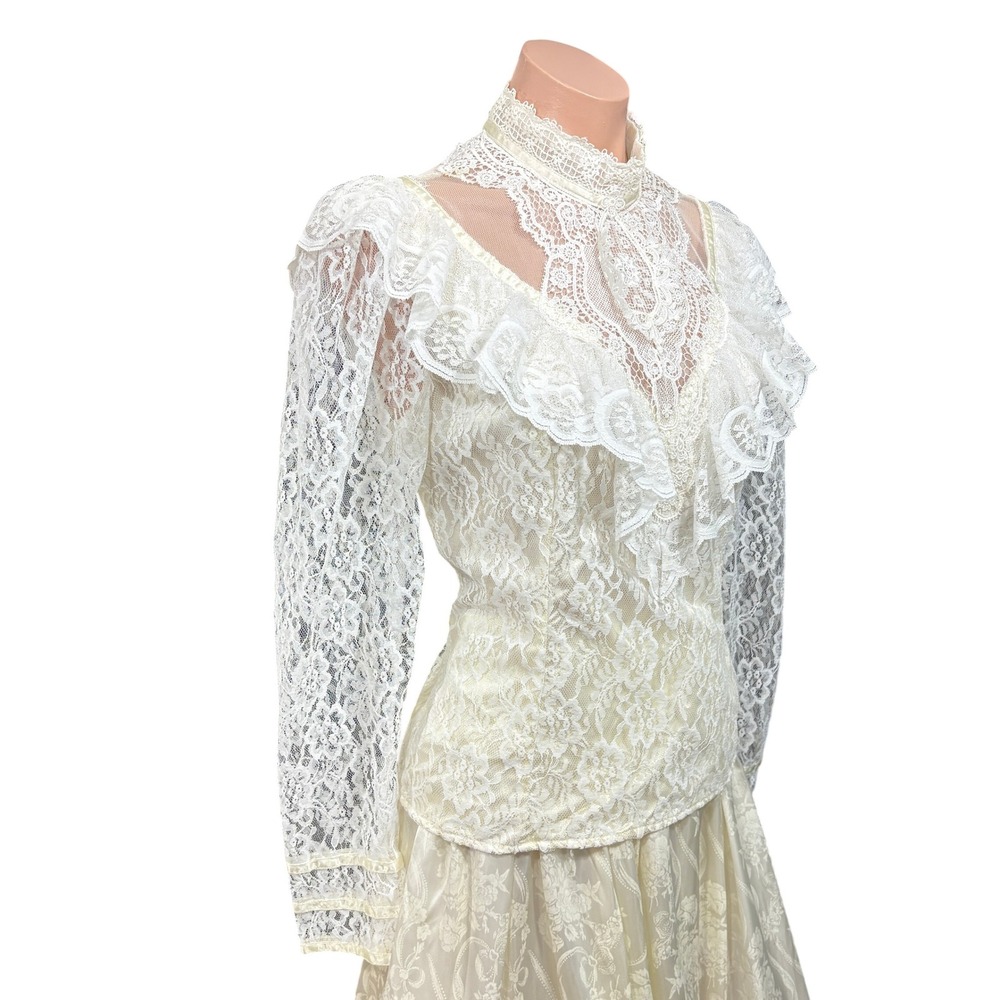 Vintage Gunne Sax Gunnies Lace Blouse Ivory Victorian Ruffle High Neck Top 13 - Picture 9 of 9